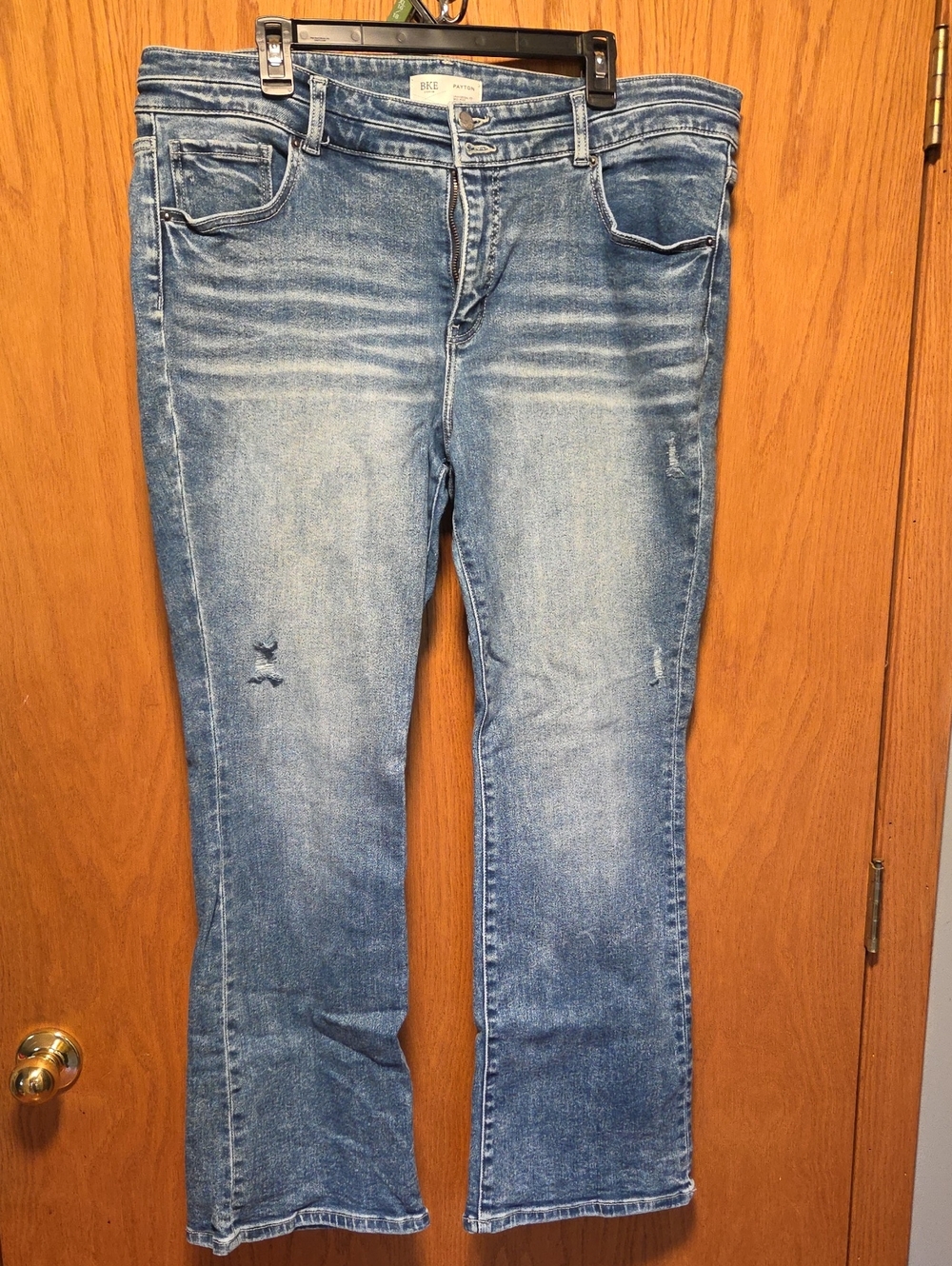 BKE Women's Light Blue Flare Jeans with Subtle Distressing. Length Is 32